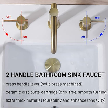 Brushed Gold 8 Inch Widespread Bathroom Faucet, 2-Handle Brass Vanity Sink Faucet 3 Hole with Metal Overflow Drain and cUPC Waterlines, 360-Degree Swivel Spout