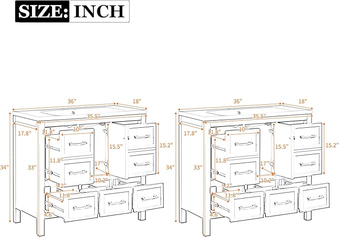 Merax 30 72 Inch White Bathroom Vanity with Double Sink,Modern Double Sink Vanity with 10 Drawers & 2 Spacious Cabinets,Soft Closing Doors with Gold Handles,Solid Wood Frame,Grid Front(2 * 36 Inch)