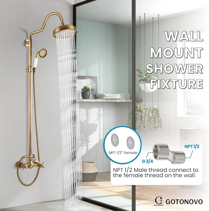 gotonovo Exposed Shower Faucet Set Luxury,Antique Brass,Curved Arc Rod | Bathroom 8” Shower Head with Handheld Spray System Fixtures,Vintage Two Cross Handle,Wall Mount,for 5-6.7" Hole,Adjust Height