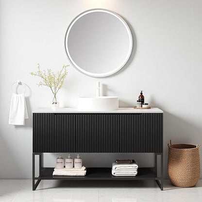 Ambrovina 48" Bathroom Vanity with Sink, Freestanding Bathroom Storage Cabinet with 3 Doors and Open Shelf, White Round Ceramic Basin and Carrara White Sintered Stone Countertop, Gloss Black