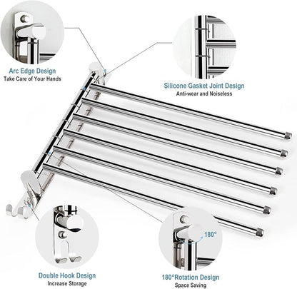 6 - Arm Stainless Steel Swivel Towel Rack with Hook: Wall - Mounted, Rustproof Space - Saver for Bathroom & Kitchen - 180° Rotation, 14kg Capacity