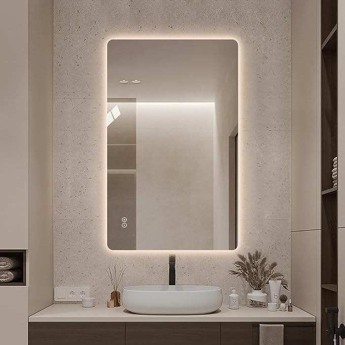 LAIYA 48"L x 32"W Rectangular LED Bathroom Mirror with Lights, HD, Anti-Fog | Dimmable LED Bathroom Mirror with Lights, Frameless Anti-Fog Vanity Mirror, HD Silver, Horizontal/Vertical Installation.