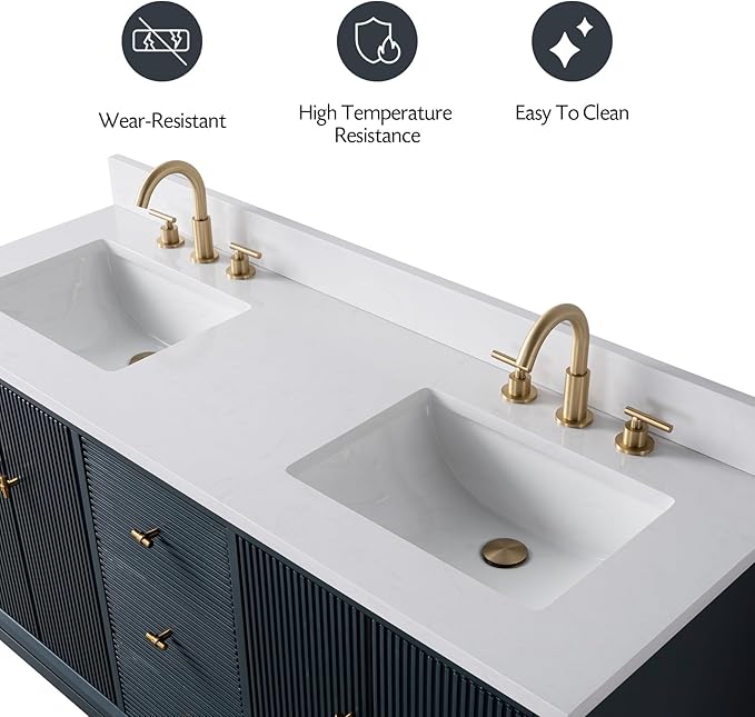 Vanity Art 60" Bathroom Vanity with Double Sink & Arabescato White Engineered Stone Top, Soft Closing Door, Solid Wood Frame, Golden Brushed Handles, Vintage Spruce Blue VA8160D-VSB-GB