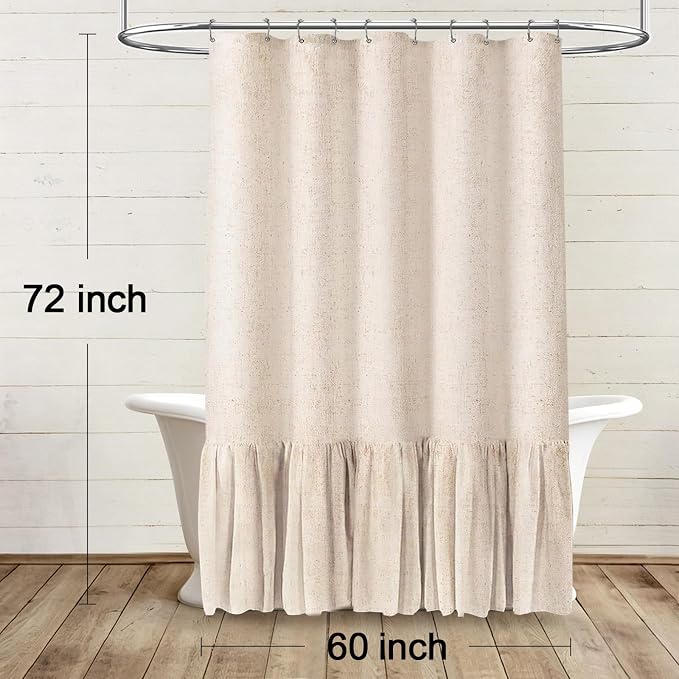 Farmhouse Shower Curtain Ruffle Linen Beige 60" W x 72" L | Linen Fabric, Farmhouse Boho, Bottom Ruffle, Rustic, Country, Natural Look, Washable, Shower Curtain for Bathroom Bathtub