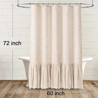 Farmhouse Shower Curtain Ruffle Linen Beige 60" W x 72" L | Linen Fabric, Farmhouse Boho, Bottom Ruffle, Rustic, Country, Natural Look, Washable, Shower Curtain for Bathroom Bathtub