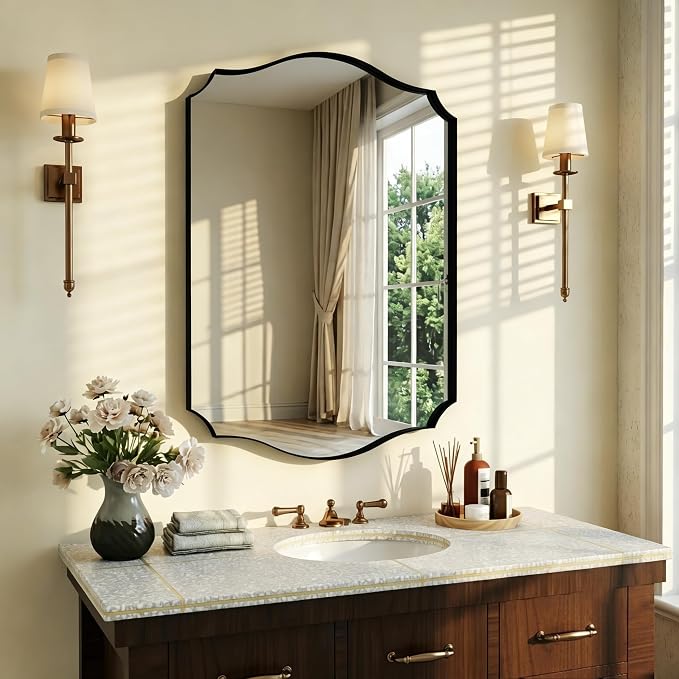 Black Vanity Wall Mirror 39"x29", Scalloped Edge Bathroom Mirror | Rust-Proof Metal Frame, Hangs Vertically/Horizontally, Decorative Bathroom Mirror, For Vanity, Bedroom & Entryway
