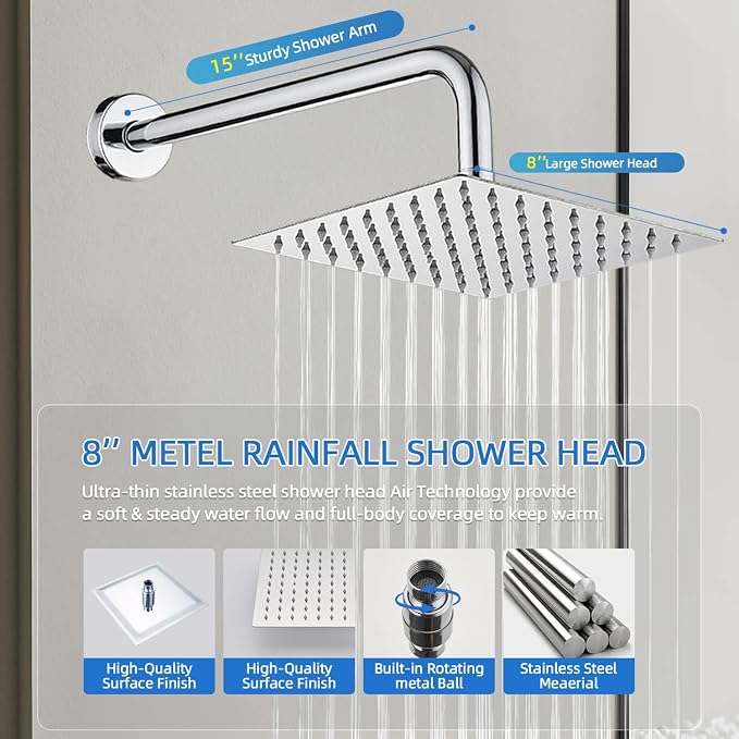 Shower Faucet Set With 8" Shower Head And Handheld Chrome | Wall Mounted Shower System Valve Include 2 Function