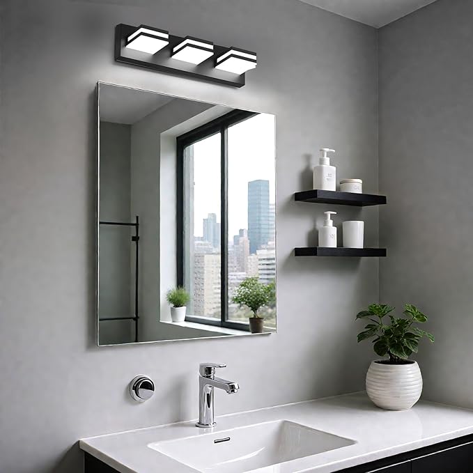 IZORRO LED Modern Bathroom Lights Fixtures(3-Light,Dimmable),Matte Black Acrylic Wall Lighting,Vanity Lights for Bathroom Over Mirror - 6000k 16In （No Assembly Required）