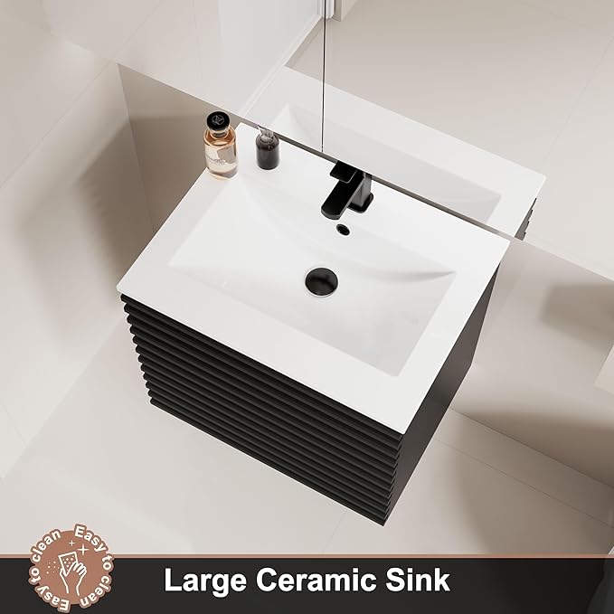 LUCKWIND 24" Floating Bathroom Vanity with Sink, Mid-Century Wall Mounted Big Drawer Cabinet with Ceramic Sink, Water Saving Faucet and Wood Stripes Style, Black