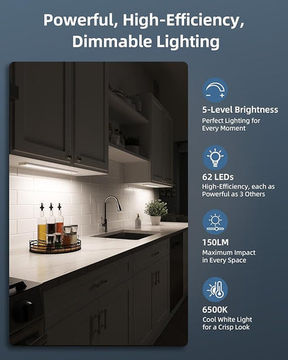 17" Under Cabinet Lights, Motion Sensor Light, Wireless Closet Lights, 4000mAh Rechargeable, Magnetic, 5 Levels Dimmable, 62 LEDs Super Bright Under Counter Lights for Kitchen (2 Pack)