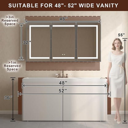 60 x 32 Inch LED Medicine Cabinet with Mirror, Recessed or Surface Mount, Soft Close Hinges, Adjustable Shelves, Silver
