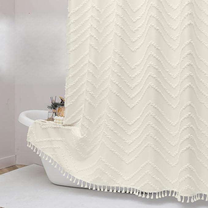 Beige Fabric Shower Curtain, Boho Shower Curtains for Bathroom Chic Tufted Chevron Striped Textured with Tassel, Soft Hotel Style Farmhouse, Machine Washable, 72x78, Beige
