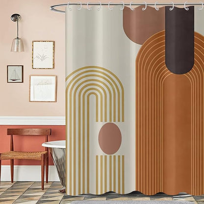 Mid Century Modern Extra Long Shower Curtain, Boho Brown Abstract Arch Machine Washable Waterproof for Bathroom Bathtub with 12 Hooks 72Wx78H