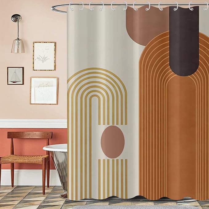 Mid Century Shower Curtain, Brown Modern Boho Neutral Arch Geometric Machine Washable Waterproof for Bathroom Bathtub with 12 Hooks 72x72