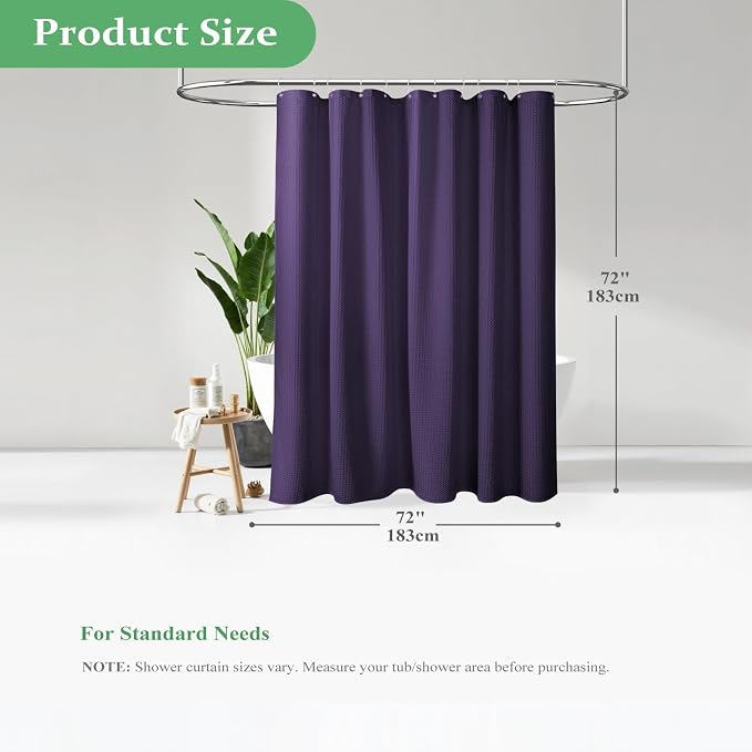 Waffle Shower Curtain 256 GSM Heavy Duty Fabric 72"x72" Purple | Thick Textured Cloth, Weighted Hem, Water Repellent Washable, Hotel Luxury Polyester Shower Curtain Set for Bathroom 12 Hooks