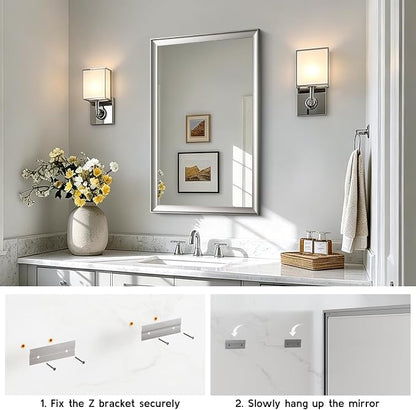 Brushed Nickel Bathroom Mirrors for Over Sink 24x36 Inch | Silver Rectangle Vanity Mirror, Wall Decor for Bedroom, Entryway, Living Room, Aluminum Framed, Curved Wide Edge, Anti-Rust