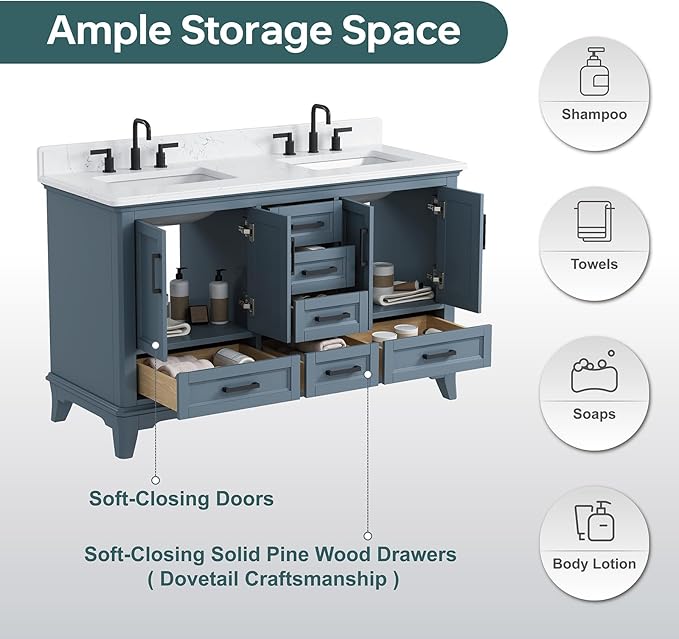 60 Inch Bathroom Vanity Double Sink, Fully Assembled Solid Wood Frame Double Sink Bathroom Vanity with Soft Closing Doors & Full Extension Dovetail Drawers, Quartz Top, Steel Blue