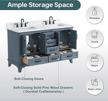 60 Inch Bathroom Vanity Double Sink, Fully Assembled Solid Wood Frame Double Sink Bathroom Vanity with Soft Closing Doors & Full Extension Dovetail Drawers, Quartz Top, Steel Blue