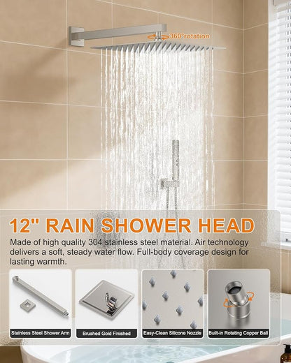 Brushed Nickel Shower System with Tub Spout, Wall Mounted Bathtub Shower Faucet Set, 12" Rainfall Shower Head and Handheld Shower Combo, High Pressure Shower Fixtures Set with Rough-in Valve
