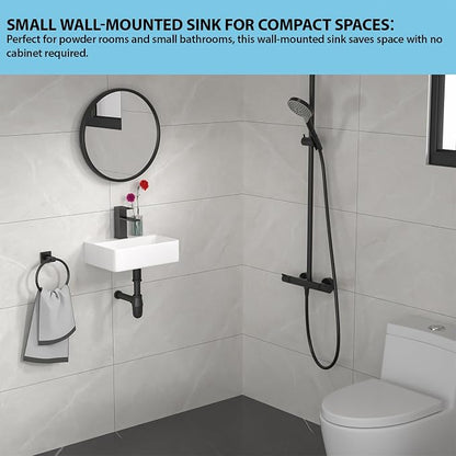 Floating Bathroom Sink Wall Mounted - Rectangle Vessel Sink 14" x 10" Small Modern Bathroom Wall Hung Sink White Porcelain Ceramic Vessel Vanity Sinks with Faucet Hole