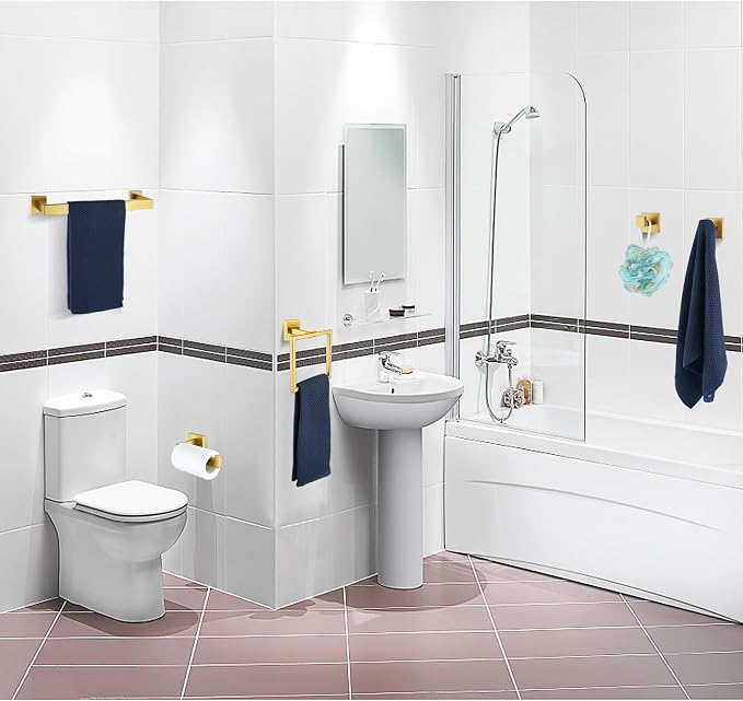 5 Pieces Bathroom Hardware Accessories Set Brushed Gold, 16Inch Bathroom Towel Rack Set SUS304 Stainless Steel, Square Bath Towel bar Set Heavy Duty, Wall Mounted