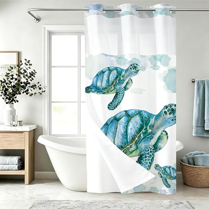 Beach Nautical Sea Turtle Theme No Hook Waffle Weave Shower Curtain with Snap in Liner Nautical Beach Bathroom Blue Ocean Decor Set 36 W x 74 H Inch Teal