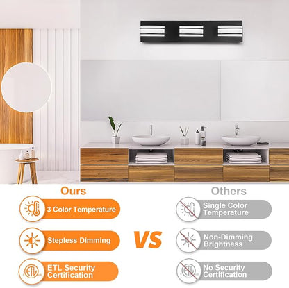 GOODATE 3 Color Temperature Dimmable Bathroom Light Fixtures Over Mirror, LED Black 3 Light Vanity Lighting Fixtures, Acrylic Stainless Steel Oval Shade Vanity Lights for Bathroom, ETL Certificated
