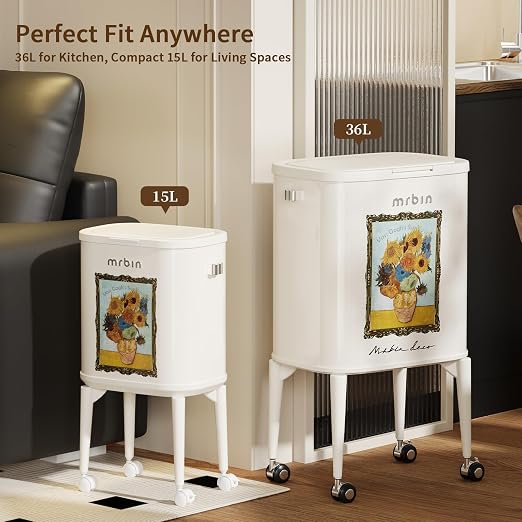MRBIN Metal Slim Bathroom Trash Can with Legs and Wheels, 15L / 4gal Toilet Press Lid Waste Basket, Covered Office Garbage Pail for Near Desk, Narrow Vanity, Rvs, Kitchen, Sunflower
