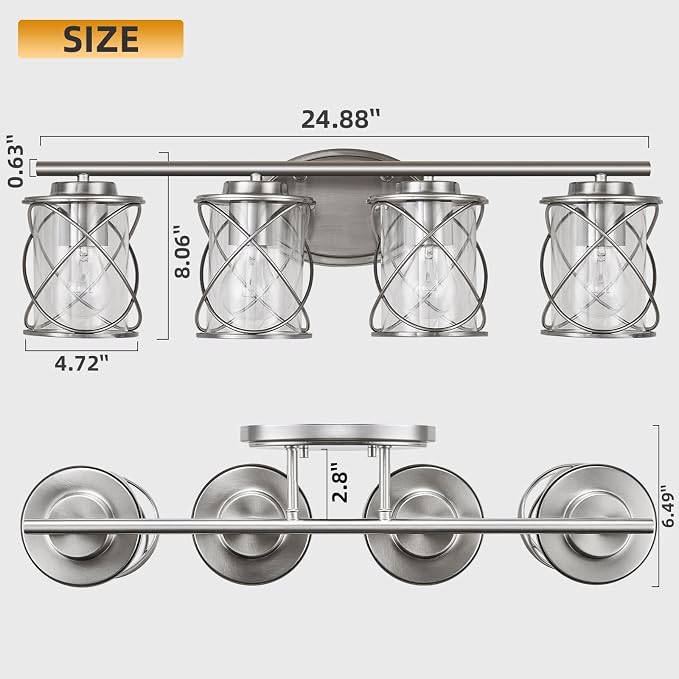 4-Lights Bathroom Vanity Lights, Bathroom Light Fixtures Over Mirror, Brushed Nickel Vanity Light, Farmhouse Wall Lights with Clear Glass Shade, Bathroom Wall Lamp for Mirror Kitchen Bedroom