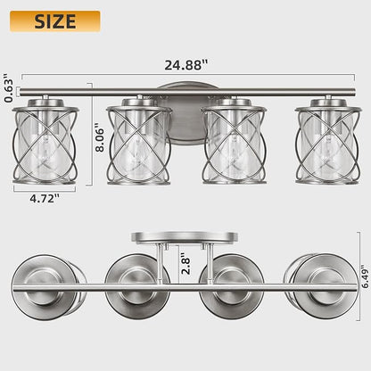 4-Lights Bathroom Vanity Lights, Bathroom Light Fixtures Over Mirror, Brushed Nickel Vanity Light, Farmhouse Wall Lights with Clear Glass Shade, Bathroom Wall Lamp for Mirror Kitchen Bedroom