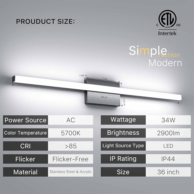 36Inch LED Bathroom Vanity Light Bar 5700K Dimmable Led Bathroom Light Over Mirror Modern Bath Wall Light Cool White ETL Certified 34W 2Pack