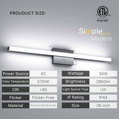 36Inch LED Bathroom Vanity Light Bar 5700K Dimmable Led Bathroom Light Over Mirror Modern Bath Wall Light Cool White ETL Certified 34W