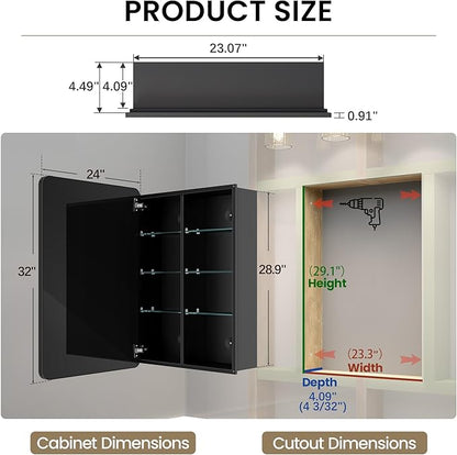 Large Bathroom Medicine Cabinet with Mirro 24x32, Aluminum Recessed or Surface Mount Wall Cabinet, Pre-Assembled, Adjustable Shelves, Center Divider for Tall Bottles, Soft Close, Matte Black