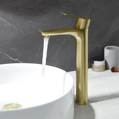 TONNY Single Handle Gold Bathroom Sink Faucet | Tall Vanity Faucet with Deck Plate for 1 or 3 Holes, Stainless Steel, with Pop Up Drain for Vessel Sink Laundry Lavatory RV