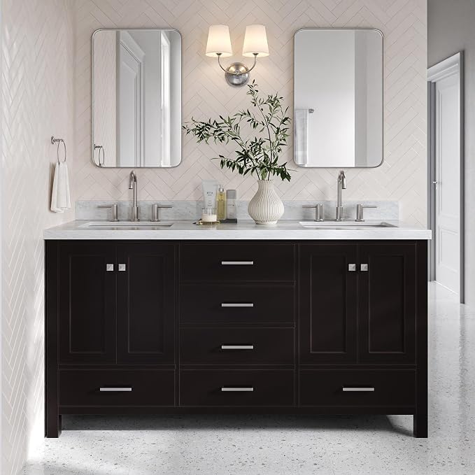 Beckford 66" Espresso Double Bathroom Vanity with 1.5" Italian Carrara Marble Countertop, 2 Rectangular Undermount Sinks, 4 Soft Closing Shaker Doors, 6 Dovetail Drawers