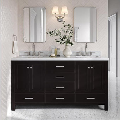 Beckford 66" Espresso Double Bathroom Vanity with 1.5" Italian Carrara Marble Countertop, 2 Rectangular Undermount Sinks, 4 Soft Closing Shaker Doors, 6 Dovetail Drawers