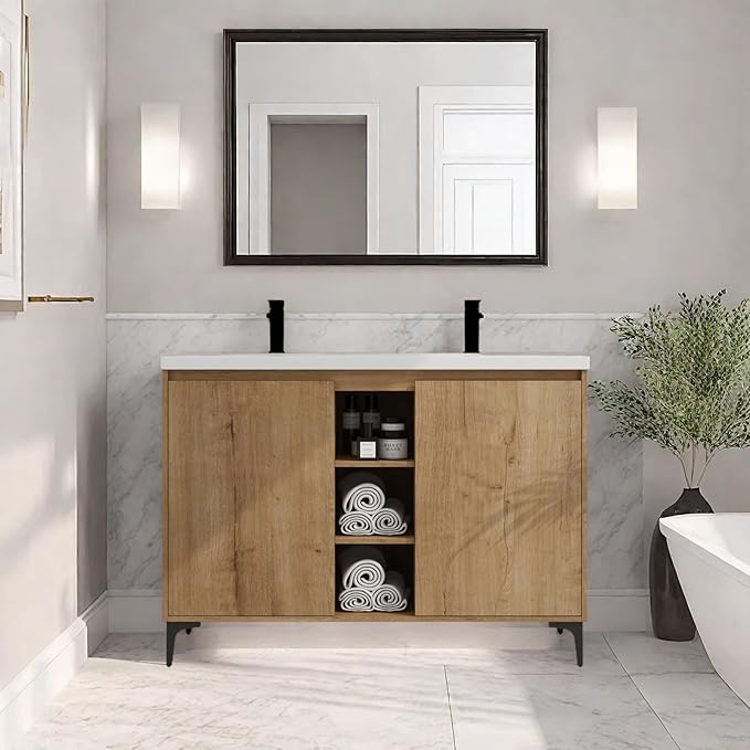Freestanding Bathroom Vanity, 48" Bathroom Storage Cabinet with Double Resin Sinks, 2 Soft-Close Doors & 3 Open Storage Shelves, Floor Vanity with Adjustable Shelf & Black Tripod Base, Oak