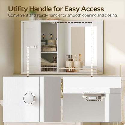 YATINEY Medicine Wall Cabinet with Mirror, Bathroom Mirror with Storage, Medicine Cabinet Mirror, Wall Mounted Home Storage, Adjustable Shelf, for Laundry Room, Bedroom, Camper, Hallway, White