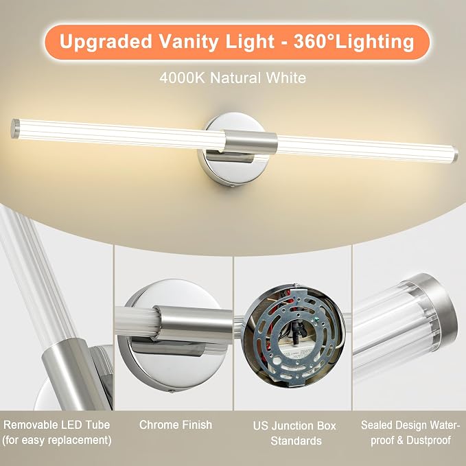 LED Bathroom Vanity Lights Chrome Wall Sconce Modern 30" | 360° Bright Bathroom Light Fixture, Dimmable Vanity Light, Hardwired Wall Light 4000K for Mirror