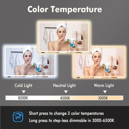 LED Bathroom Wall Mirror 60 x 36 Inch, Frameless Vanity Mirror with Front Light & Ambient Backlight, Single Front LED Strip with 150mm Suction 3X Mirror, Dimmable & Adjustable Color Tempera