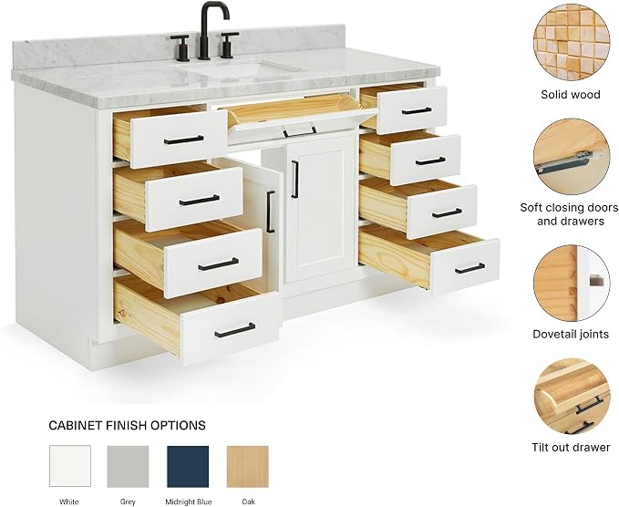 ARIEL Hepburn 60-inch Bathroom Vanity with Sink,Solid Wood, 1.5-inch Italian Carrara Marble Countertop, Single Rectangular Porcelain Sink, 2 Soft Closing Doors, 9 Dovetail Drawers, White