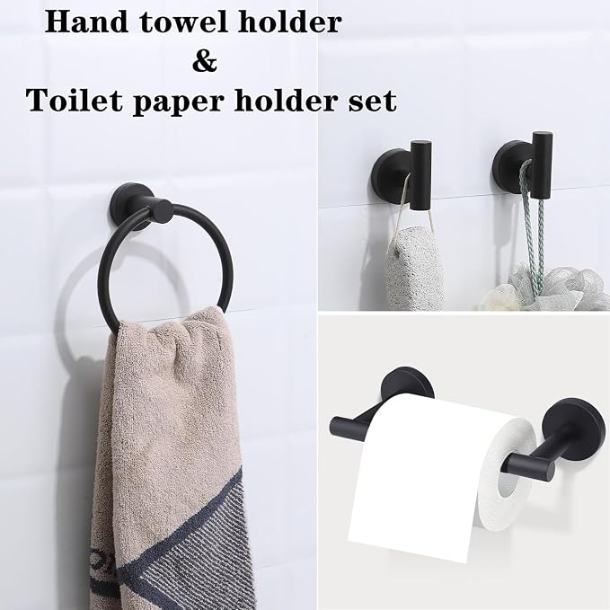 4-Piece Matte Black Bathroom Accessories Hardware Set,Include Double Post Pivoting Toilet Paper Holder,Towel Ring and 2 Towel Hooks