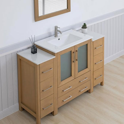 Vanity Art 54 Inch Under Mount Single Sink Bathroom Vanity Cabinet with 1 Mirror, Ceramic Top Bathroom Cabinet Compact Set with 8 Dovetail Storage Drawers and Brushed Nickel Handles, VA3030-54-NO