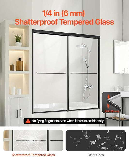 VEVOR Bathtub Shower Door, 56-60" W x 60" H, Semi-Frameless Double Sliding Tub Door, Semi-Frameless Bypass Tub Door with 1/4 in Shatterproof Tempered Glass and Stainless Steel Handle, Black