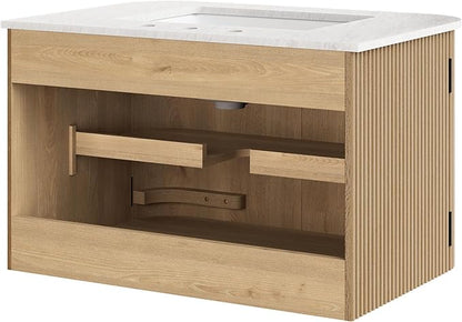Modway Zia 30 Inch Wall-Mount Bathroom Vanity in Natural with Marble Sink Basin - Floating Bathroom Cabinet with Fluted Design