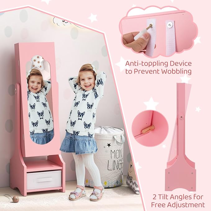 CHARMAID Kids Jewelry Armoire Cabinet - Standing jewelry Organizer for Girls, Full Length Mirror, Storage Drawers and Shelves, Kids Vanity Dressing Mirror with Storage (Pink)