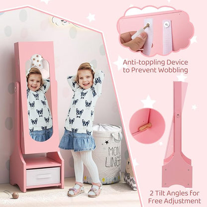 CHARMAID Kids Jewelry Armoire Cabinet - Standing jewelry Organizer for Girls, Full Length Mirror, Storage Drawers and Shelves, Kids Vanity Dressing Mirror with Storage (Pink)