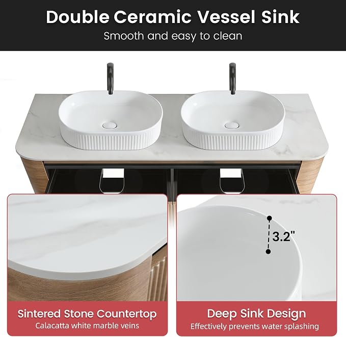 60" Floating Bathroom Vanity with Double White Sink, Honey Oak | Pre-Assembled Fluted Wall Mounted Vanity with Sintered Stone Countertop, Rounded Edges, Soft-Close Drawers & Towel Rack