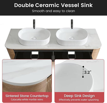 60" Floating Bathroom Vanity with Double White Sink, Honey Oak | Pre-Assembled Fluted Wall Mounted Vanity with Sintered Stone Countertop, Rounded Edges, Soft-Close Drawers & Towel Rack