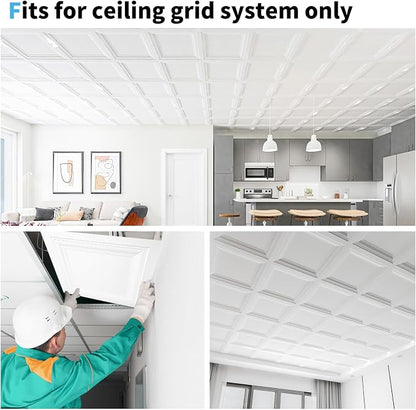 Art3d 24-Pack Square Drop Ceiling Tile 2ft x 2ft in White, PVC Ceiling Panel 24 x 24in. - Compatible with 15/16" Drop Ceil Grid System